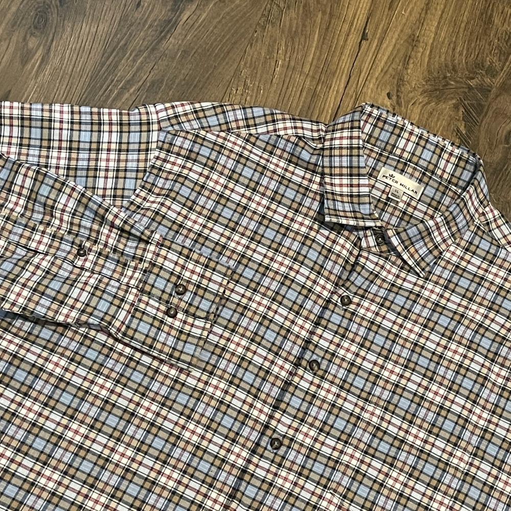 Peter Millar Mens XL Plaid Button Down Performance Shirt Blue Tan MF18EW62SL